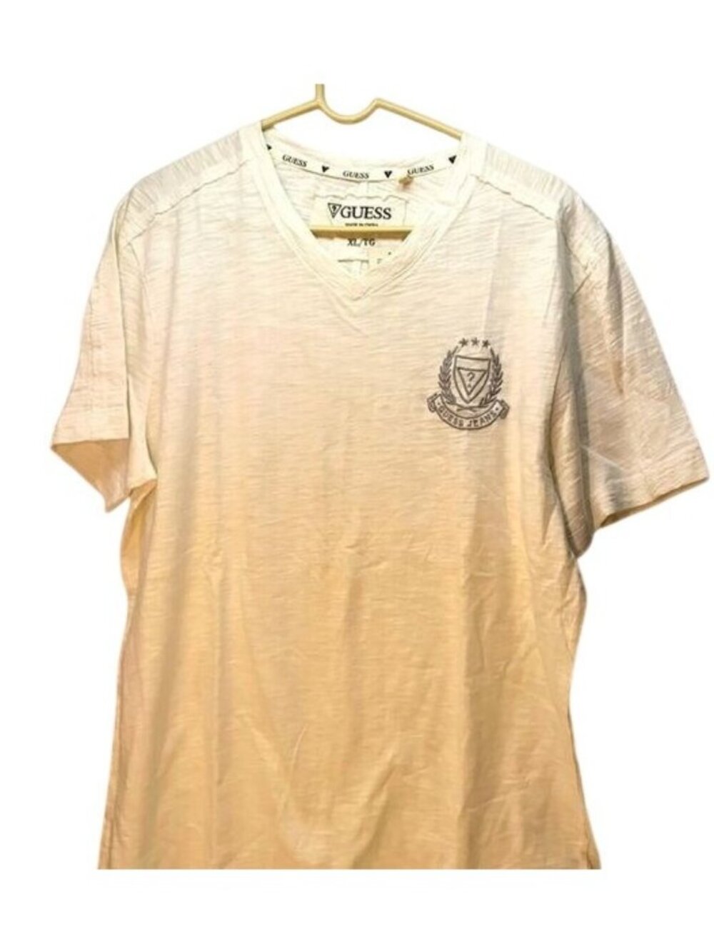 Guess Mens Short-Sleeve Carlo Slub V-Neck T-Shirt XL True White With Embroidered